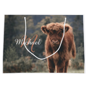 Highland cow calf autumn grass monogram initial large gift bag
