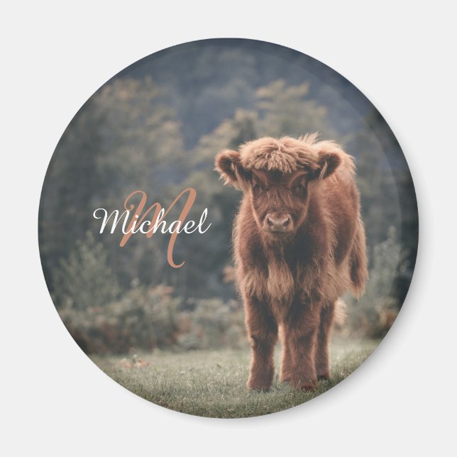 Highland cow calf autumn grass monogram initial magnet (Front)