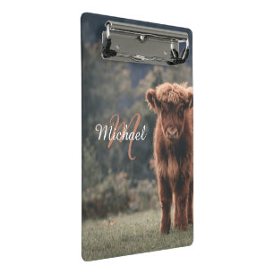 Highland cow calf autumn grass monogram initial mini clipboard