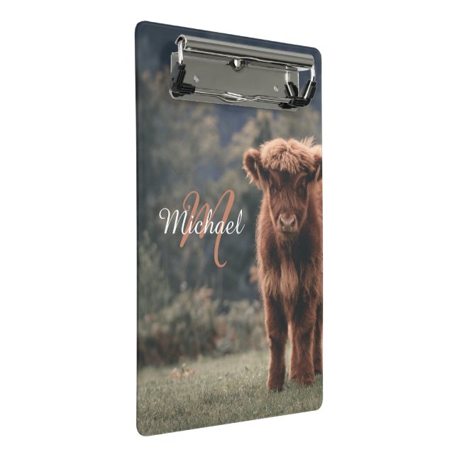 Highland cow calf autumn grass monogram initial mini clipboard (Angled)