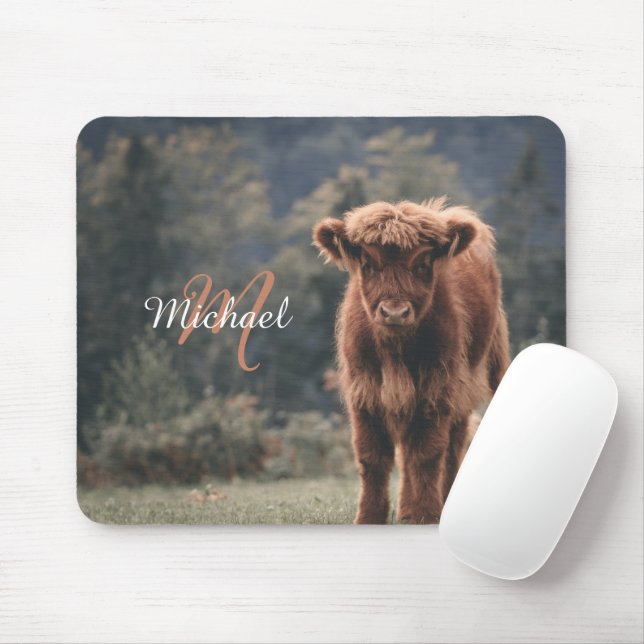 Highland cow calf autumn grass monogram initial mouse mat (With Mouse)