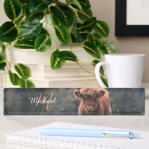 Highland cow calf autumn grass monogram initial nameplate