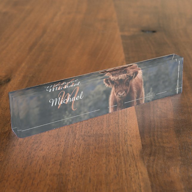 Highland cow calf autumn grass monogram initial nameplate (Side)