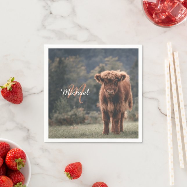 Highland cow calf autumn grass monogram initial napkin (Insitu)