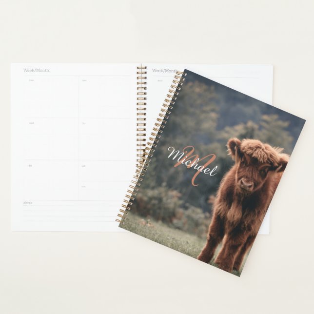 Highland cow calf autumn grass monogram initial planner (Display)