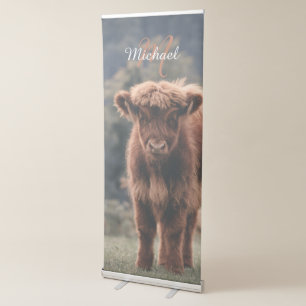 Highland cow calf autumn grass monogram initial retractable banner