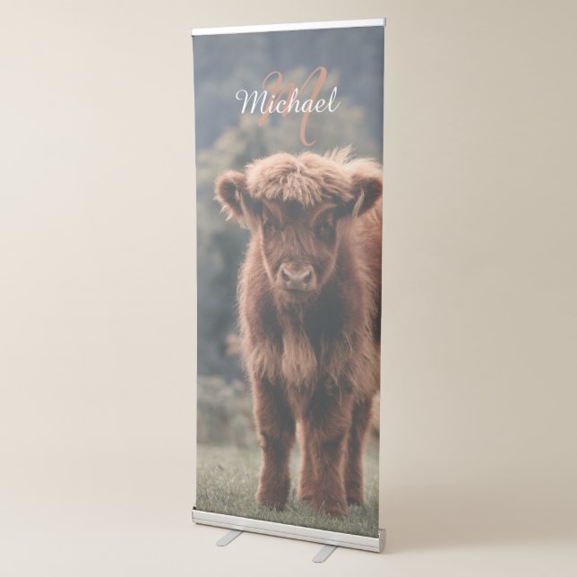 Highland cow calf autumn grass monogram initial retractable banner (3/4)