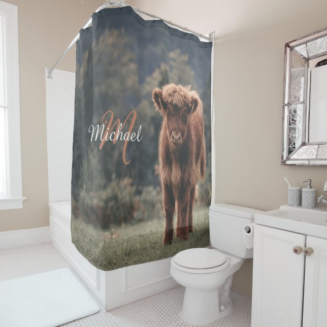Highland cow calf autumn grass monogram initial shower curtain (In Situ)