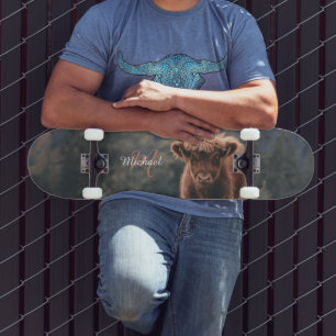 Highland cow calf autumn grass monogram initial skateboard