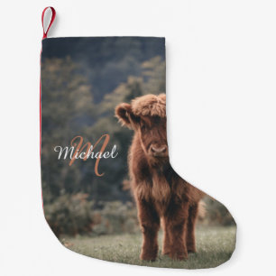 Highland cow calf autumn grass monogram initial small christmas stocking