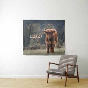 Highland cow calf autumn grass monogram initial tapestry