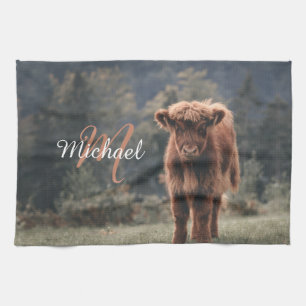 Highland cow calf autumn grass monogram initial tea towel
