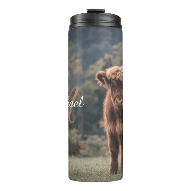 Highland cow calf autumn grass monogram initial thermal tumbler (Front)