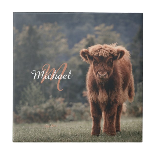 Highland cow calf autumn grass monogram initial tile (Front)