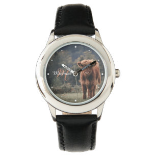 Highland cow calf autumn grass monogram initial watch