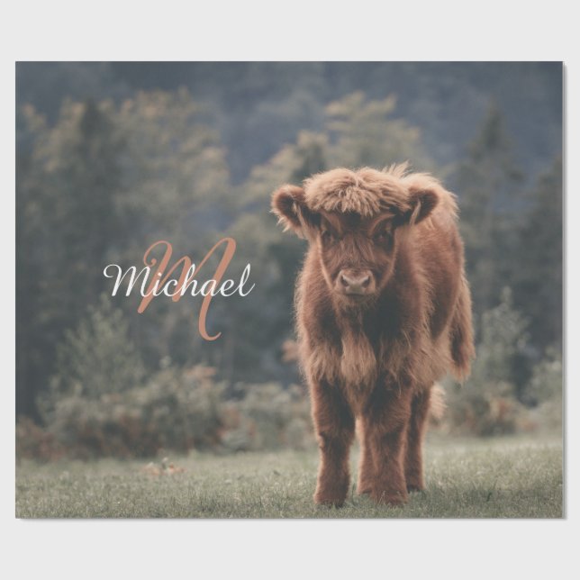 Highland cow calf autumn grass monogram initial wrapping paper (Flat)