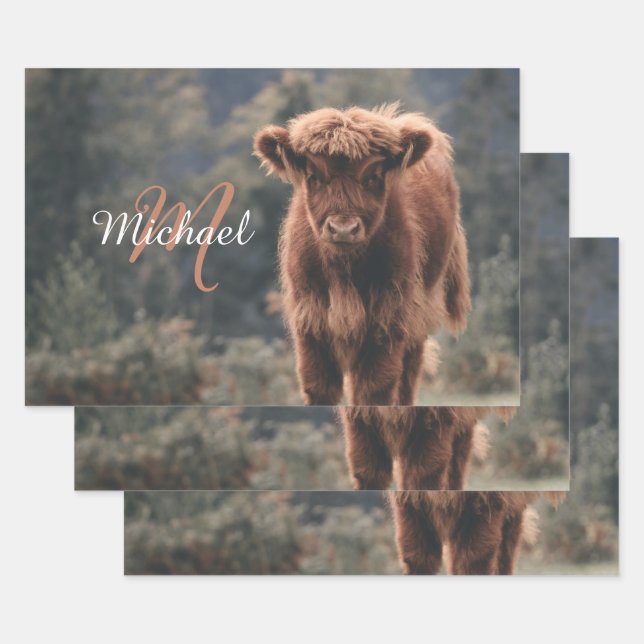 Highland cow calf autumn grass monogram initial wrapping paper sheet (Set)