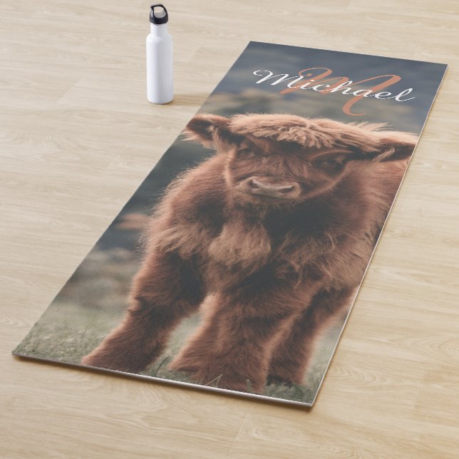 Highland cow calf autumn grass monogram initial yoga mat (In Situ)