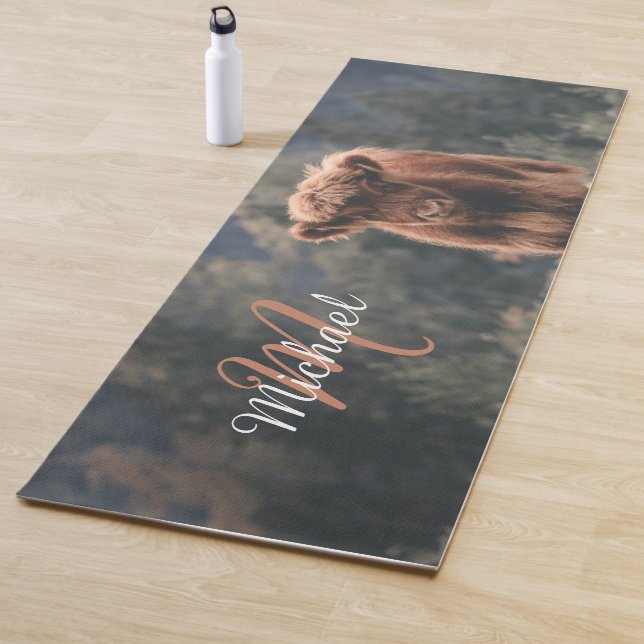 Highland cow calf autumn grass monogram initial yoga mat (In Situ)