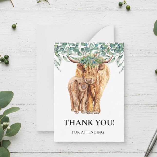 Highland Cow Calf Baby Shower Eucalyptus Thank you Card (Creator Uploaded)
