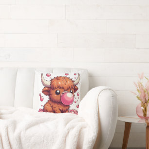 highland cow calf blowing pink bubblegum cushion