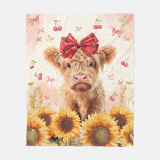 Highland Cow calf Fleece Blanket Sunflower bow