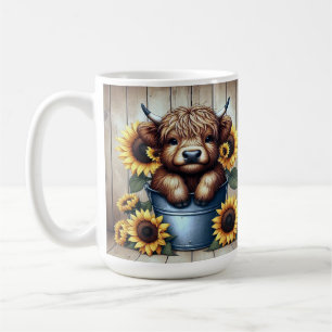 Highland Cow Calf In Metal Bucket with Sunflowers Coffee Mug
