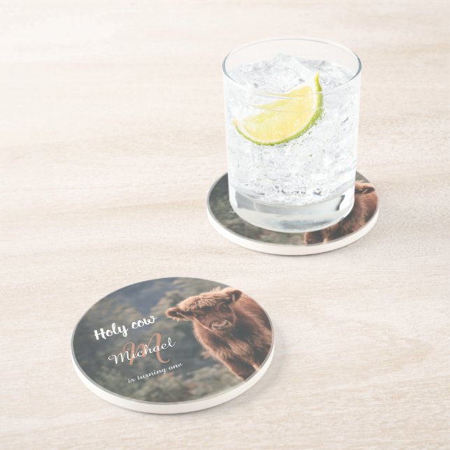 Highland cow calf monogram first birthday party coaster (Side)