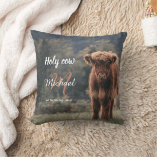 Highland cow calf monogram first birthday party cushion