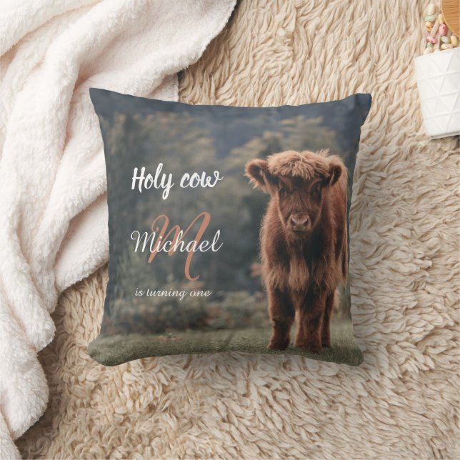 Highland cow calf monogram first birthday party cushion (Blanket)