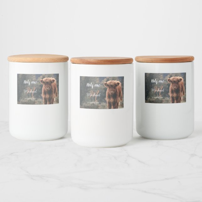 Highland cow calf monogram first birthday party food label (Bottles)