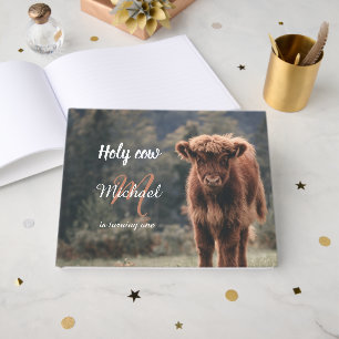 Highland cow calf monogram first birthday party guest book