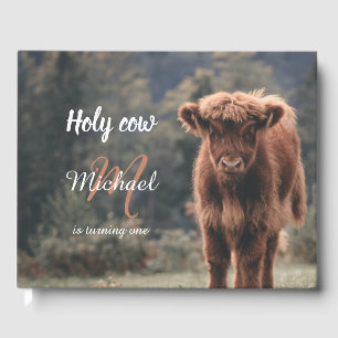 Highland cow calf monogram first birthday party guest book