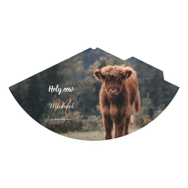 Highland cow calf monogram first birthday party hat (Front)