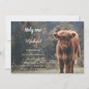 Highland cow calf monogram first birthday party invitation