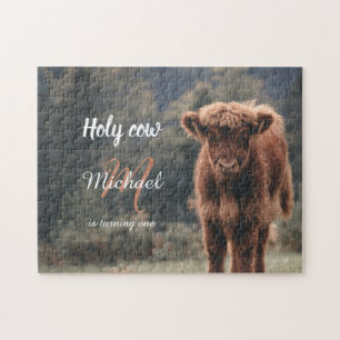 Highland cow calf monogram first birthday party jigsaw puzzle