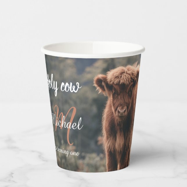 Highland cow calf monogram first birthday party paper cups (Left)