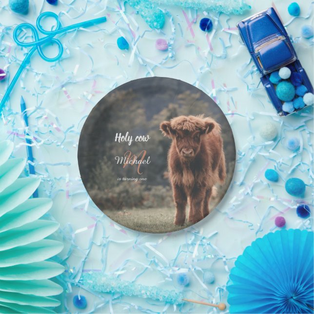 Highland cow calf monogram first birthday party paper plate (Party)