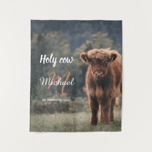 Highland cow calf monogram first birthday party tapestry