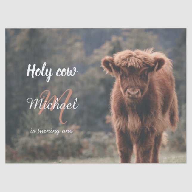 Highland cow calf monogram first birthday party tissue paper (Front)