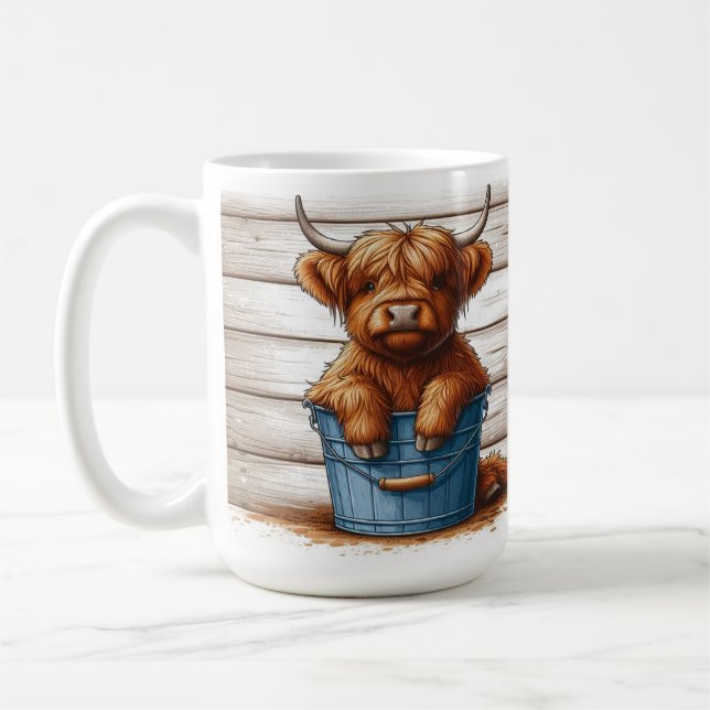 Highland Cow Calf on Blue Bucket Against Wood Wall Coffee Mug (Left)