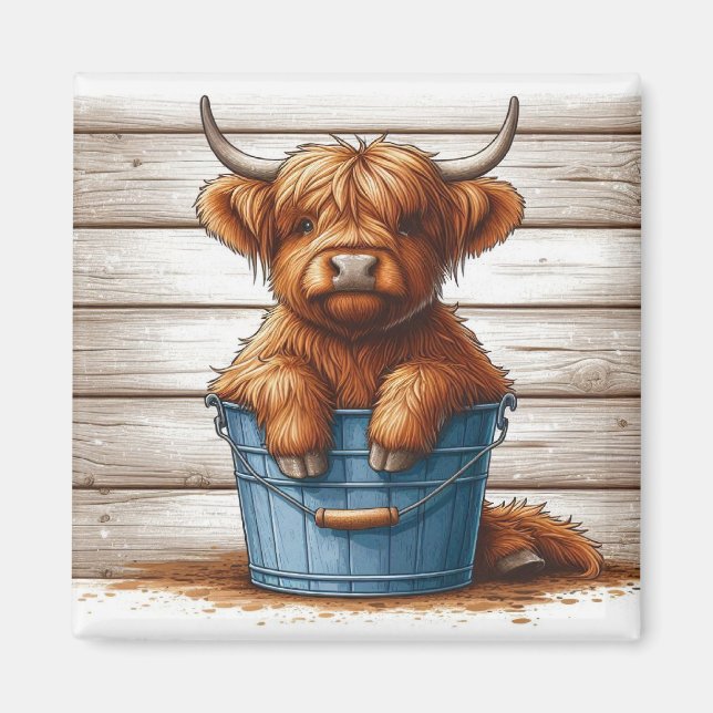 Highland Cow Calf on Blue Bucket Against Wood Wall Magnet (Front)
