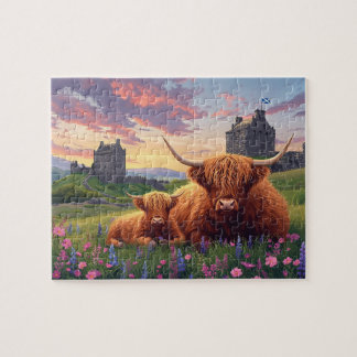 Highland Cow Calf Scottish Castle Sunset Jigsaw Puzzle