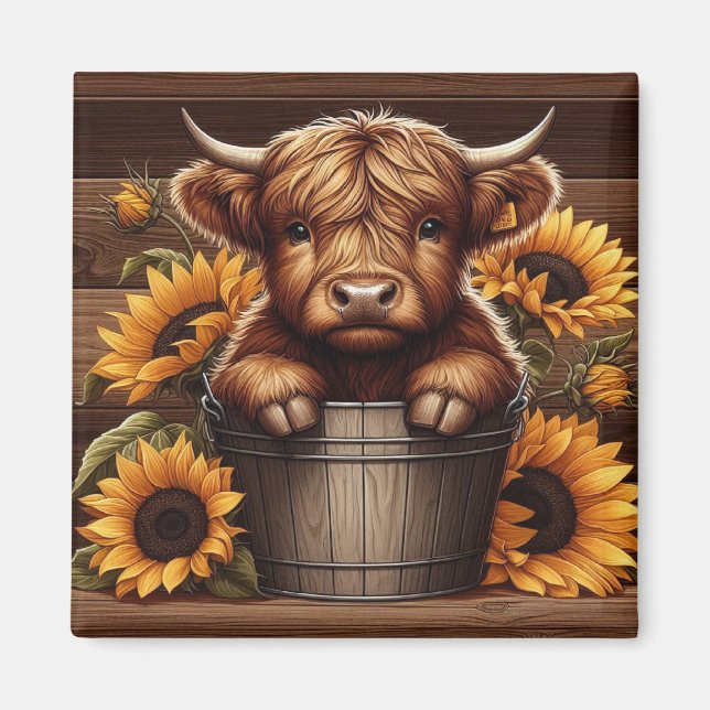 Highland Cow Calf with Sunflowers in Wood Bucket Magnet (Front)