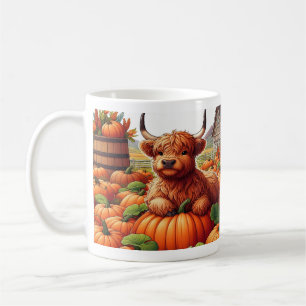 Highland Cow Calves Resting Among Pumpkins  Coffee Mug