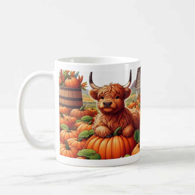 Highland Cow Calves Resting Among Pumpkins  Coffee Mug (Left)