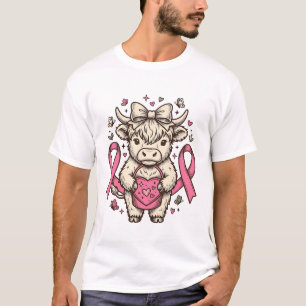 Highland Cow Cancer Awareness Ribbon Cute Calf Des T-Shirt