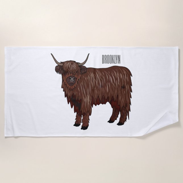 Highland cow cartoon illustration  beach towel (Front)