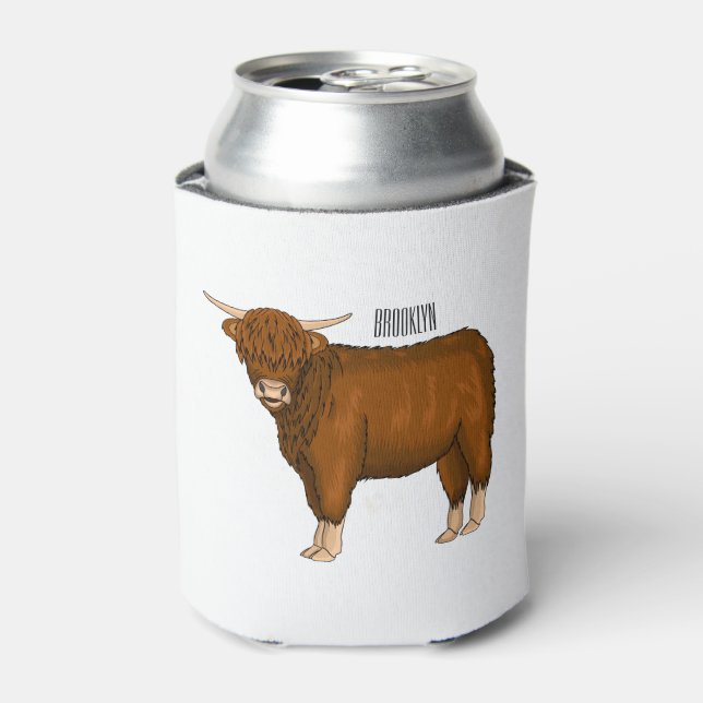 Highland cow cartoon illustration can cooler (Can Front)