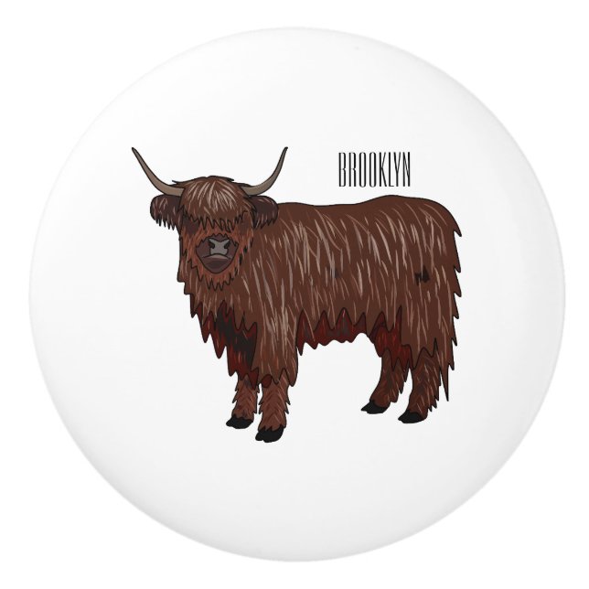 Highland cow cartoon illustration  ceramic knob (Front)